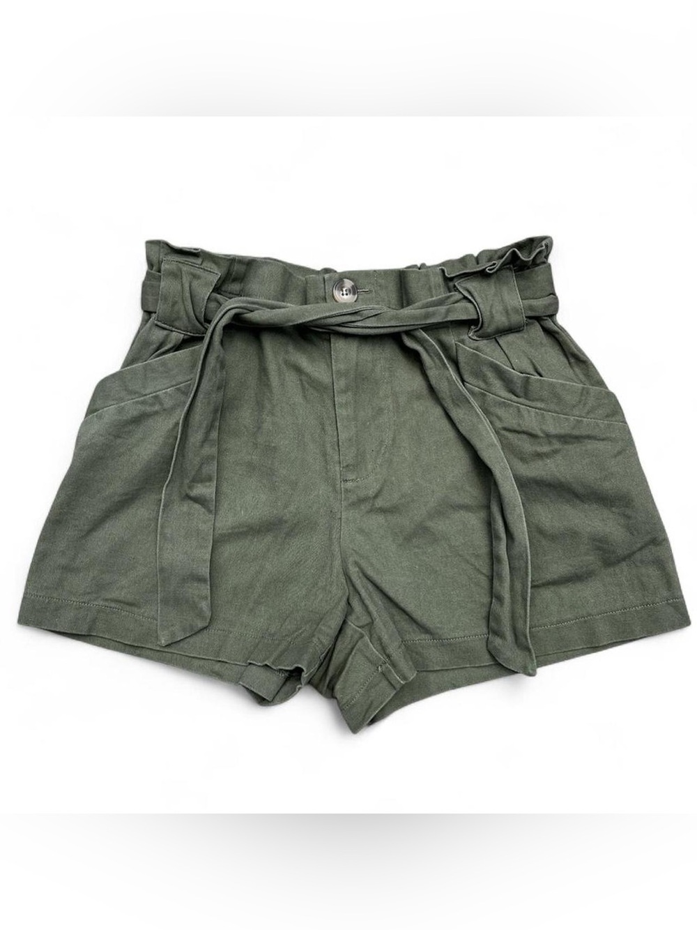 Olive Green High-Waisted Paperbag Shorts